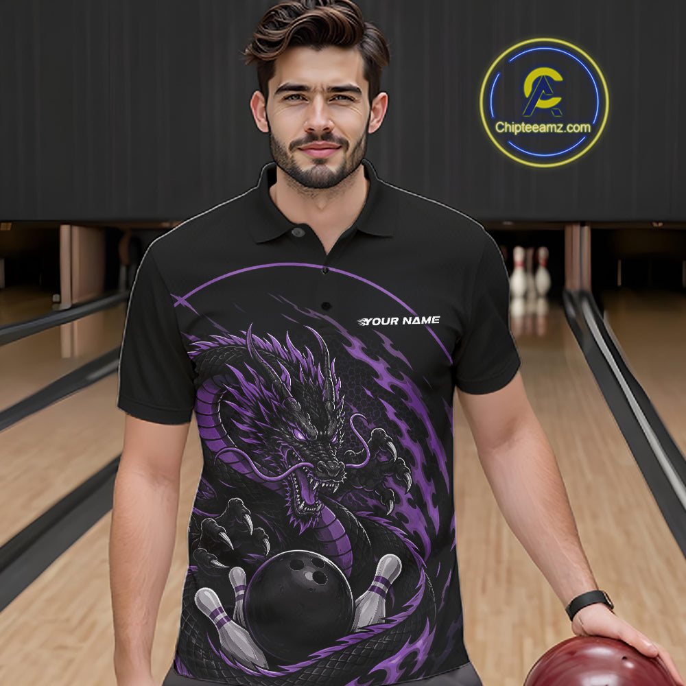 Front view of a male model in a bowling alley wearing a purple custom bowling polo shirt featuring an aggressive dragon with flames in a dynamic and energetic design.