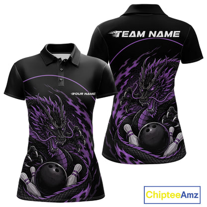 Front and back views of a purple custom women's bowling polo shirt featuring an aggressive dragon with flames in a dynamic and energetic design.