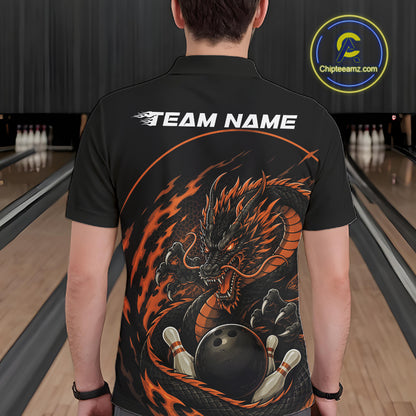 Back view of a male model in a bowling alley wearing an orange custom bowling polo shirt featuring an aggressive dragon with flames in a dynamic and energetic design.