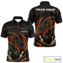 Load image into Gallery viewer, Front and back views of an orange custom men's bowling polo shirt featuring an aggressive dragon with flames in a dynamic and energetic design.