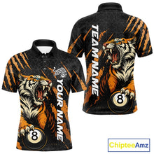 Load image into Gallery viewer, Men’s Billiard polo shirt mockup shown front and back with roaring tiger graphics, orange claw marks, and billiard balls.