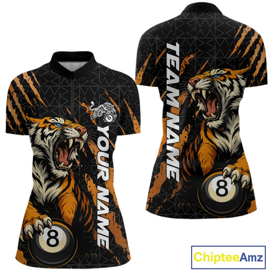 Women’s Billiard quarter zip mockup shown front and back with roaring tiger artwork, orange claw marks, and billiard ball graphics.