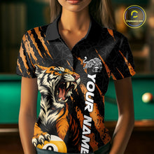 Load image into Gallery viewer, Female model wearing a Billiard polo shirt with roaring tiger motif, orange claw marks, and billiard balls.