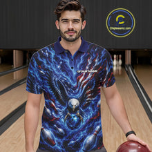 Load image into Gallery viewer, Front view of a male model at a bowling lane wearing a polo shirt with eagle graphics, bowling ball, flowing flag details, and pins.