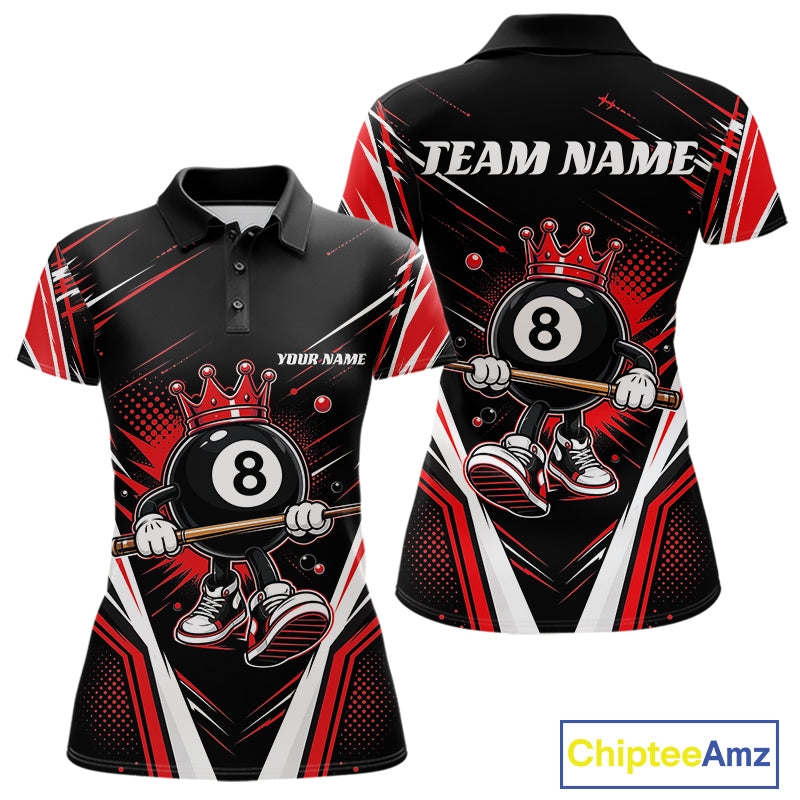 Custom Funny 8 Ball Wearing Crown Billiards Queen Women Polo Shirt, Red Pool Team Jerseys IPHW11791