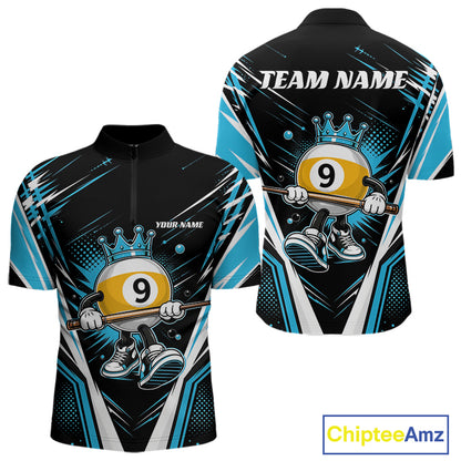 Custom Funny 9 Ball Wearing Crown Billiards King Men Quarter Zip Shirt, Blue Pool Team Jerseys IPHW11795