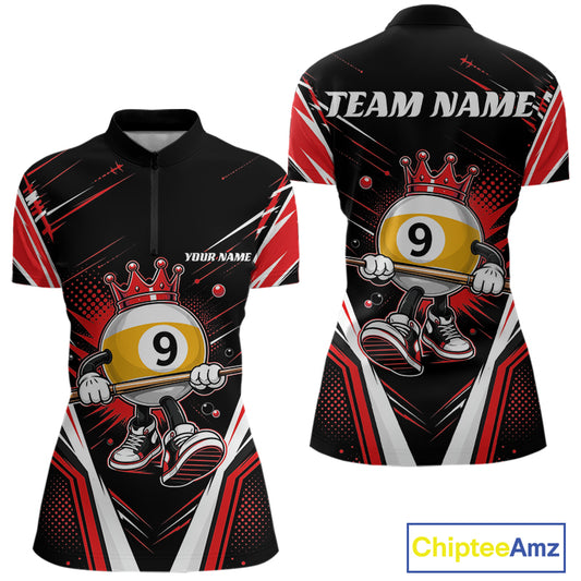 Custom Funny 9 Ball Billiards Queen Women Quarter-Zip Shirt, Red Pool Team Jerseys IPHW11796