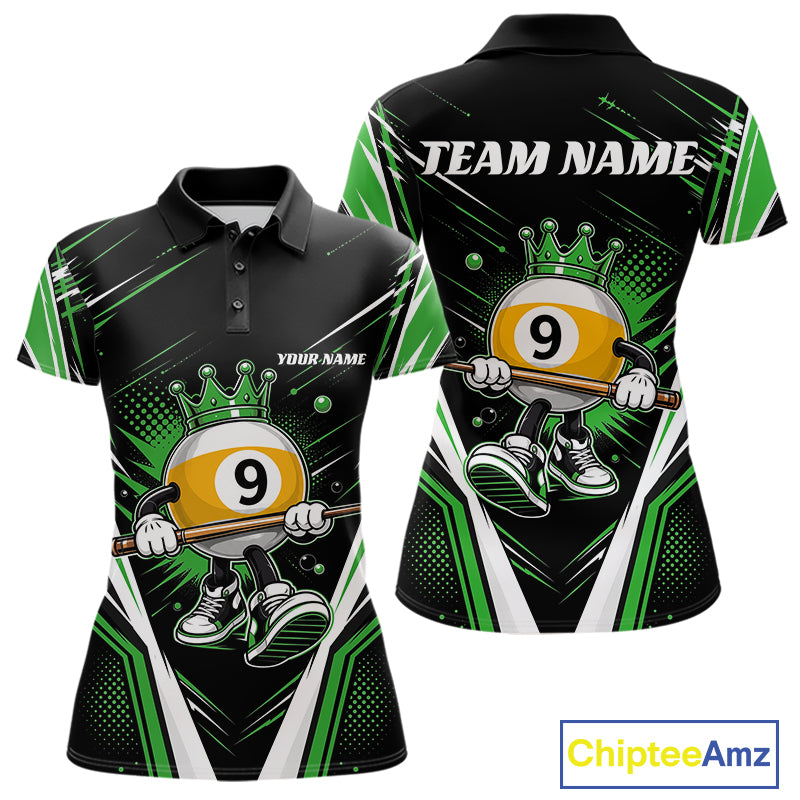 Custom Funny 9 Ball Wearing Crown Billiards Queen Women Polo Shirt, Green Pool Team Jerseys IPHW11798