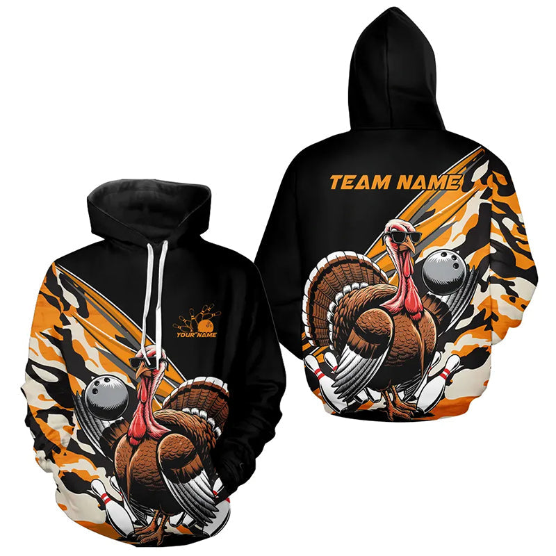 Yellow Camo Custom Funny Turkey Bowling Men And Women Hoodie Shirt, Thanksgiving Bowling Tournament IPHW7881