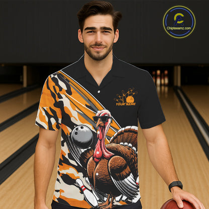 Yellow Camo Custom Funny Turkey Bowling Men And Women Hawaiian Shirt, Thanksgiving Bowling Tournament IPHW7881