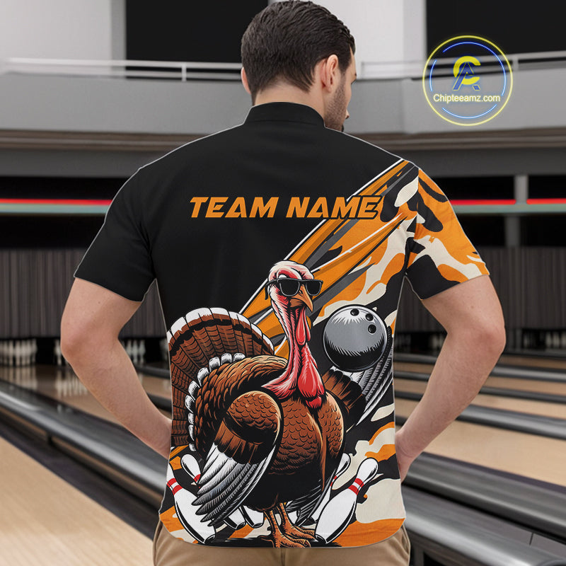 Black And Yellow Camo Custom Funny Turkey Bowling Shirts For Men, Thanksgiving Bowling Tournament IPHW7881