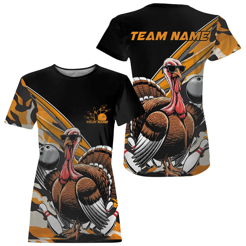 Yellow Camo Custom Funny Turkey Bowling Women T-Shirts, Thanksgiving Bowling Tournament IPHW7881