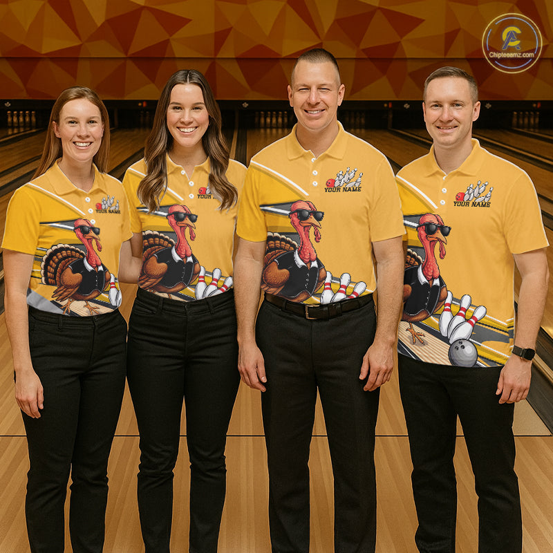 Custom Yellow Funny Turkey Bowling Team Shirts For Men, Thanksgiving Bowler Outfits IPHW7885