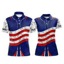 Load image into Gallery viewer, USA flag camo golf outfits funny skull matching men and womens golf shirts custom patriotic golf tops NQS11400