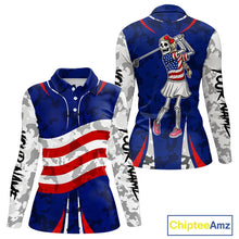 Load image into Gallery viewer, USA flag camo golf outfits funny skull golf polo shirts for Women custom patriotic golf shirts ladies NQS11400