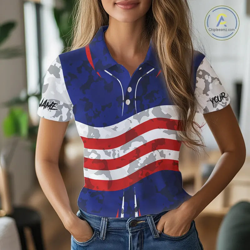 USA flag camo golf outfits funny skull golf polo shirts for Women custom patriotic golf shirts ladies NQS11400