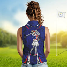 Load image into Gallery viewer, USA flag camo golf outfits funny skull ladies sleeveless golf tops custom patriotic golf shirt ladies NQS11400