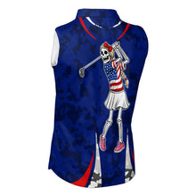 Load image into Gallery viewer, USA flag camo golf outfits funny skull ladies sleeveless golf tops custom patriotic golf shirt ladies NQS11400