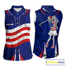 Load image into Gallery viewer, USA flag camo golf outfits funny skull ladies sleeveless golf tops custom patriotic golf shirt ladies NQS11400