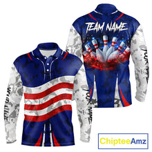 Load image into Gallery viewer, Camo American flag bowling jersey custom bowling polo, 1/4 zip shirts for men, bowling league shirts NQS11401