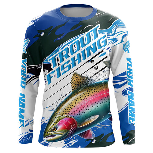 Rainbow Trout Custom Long Sleeve Fishing Shirts, Trout Fly Fishing Jerseys | Blue Camo IPHW6290
