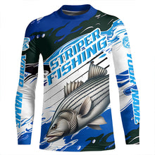 Load image into Gallery viewer, Striped Bass Fishing Custom Long Sleeve Performance Shirts, Striper Fishing Jerseys | Blue Camo IPHW6291