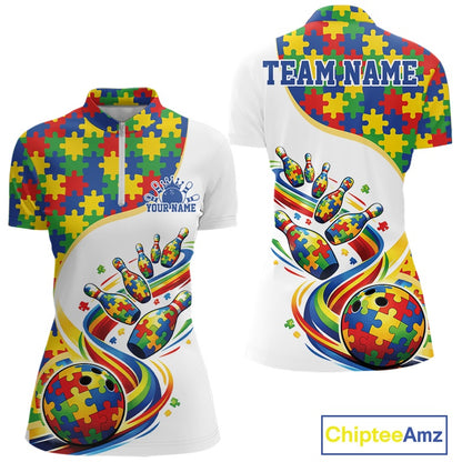 Front and back view of a women’s quarter-zip bowling shirt mockup in white, featuring autism-themed bowling strike design with puzzle patterns.