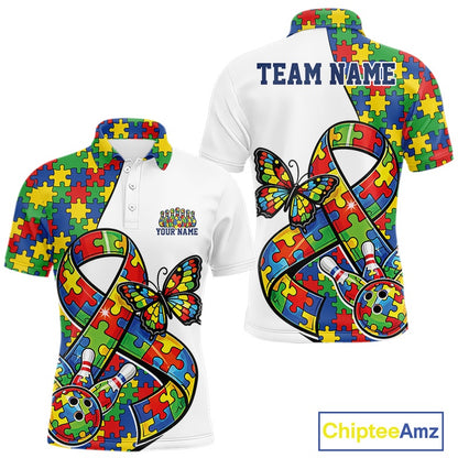 Men’s bowling polo shirt mockup front and back displaying white shirt with large autism awareness ribbon filled with puzzle pattern, butterfly, and bowling strike artwork