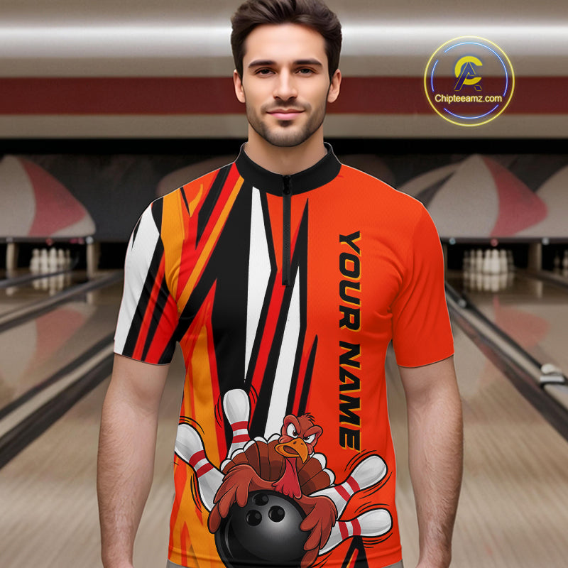 Custom Funny Turkey Bowling Shirts For Men, Orange Thanksgiving Bowling Shirt Team Uniform IPHW7659