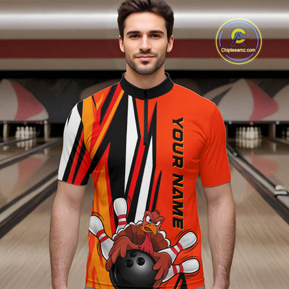 Custom Funny Turkey Bowling Shirts For Men, Orange Thanksgiving Bowling Shirt Team Uniform IPHW7659