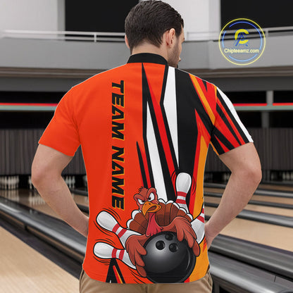 Custom Funny Turkey Bowling Shirts For Men, Orange Thanksgiving Bowling Shirt Team Uniform IPHW7659