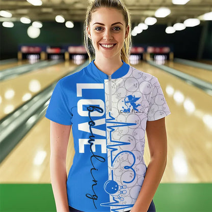 White And Blue Custom Love Bowling Quarter-Zip Shirts For Women, Valentines Bowling Jerseys IPHW8326