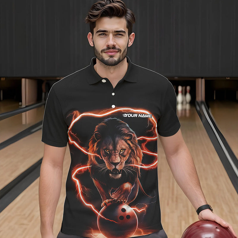 Custom Black And Orange Thunder Lightning Lion Bowling Polo Shirts For Men, Team Uniform IPHW8803