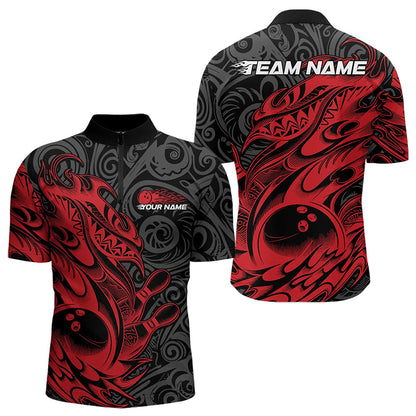 Custom Black And Red Tribal Polynesian Bowling Team Men Quarter-Zip Shirts, Niho Mano Bowling Shirt IPHW8811
