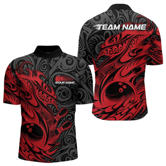 Custom Black And Red Tribal Polynesian Bowling Team Men Quarter-Zip Shirts, Niho Mano Bowling Shirt IPHW8811