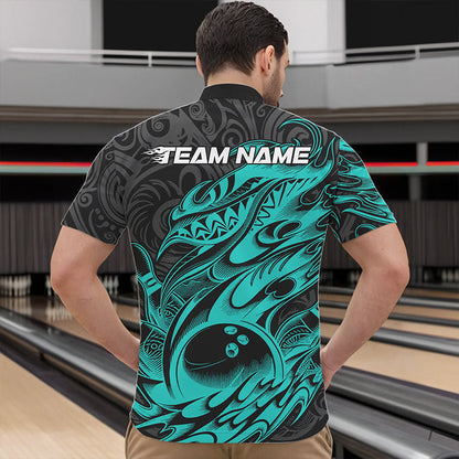 Custom Black And Blue Tribal Polynesian Bowling Team Men Quarter-Zip Shirt, Niho Mano Bowling Shirt IPHW8813