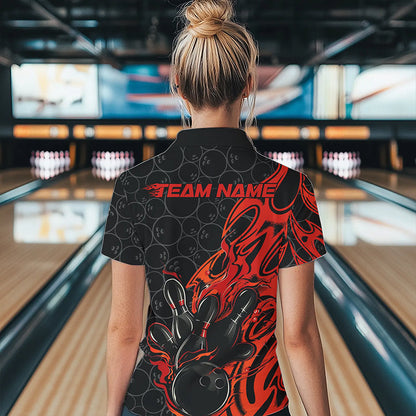 Custom Black And Red Tribal Flame Bowling Team Women Polo Shirts, Bowling Pattern Outfits IPHW8814