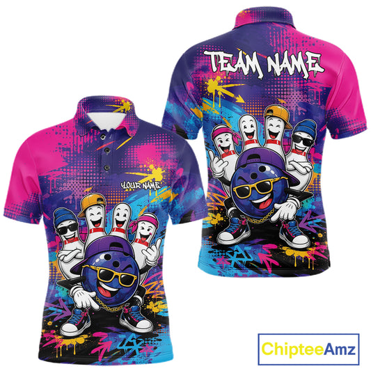 Custom Funny Colorful Hiphop Bowling Men Polo Team Shirt, Graffity Bowling Jerseys IPHW11801
