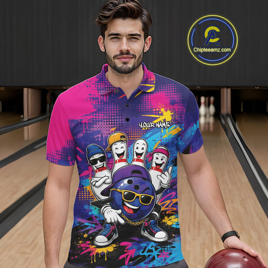 Custom Funny Colorful Hiphop Bowling Men Polo Team Shirt, Graffity Bowling Jerseys IPHW11801