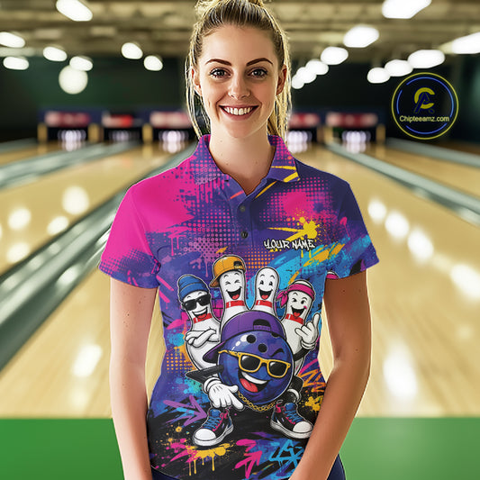 Custom Funny Colorful Hiphop Bowling Women Polo Team Shirt, Graffity Bowling Jerseys IPHW11801