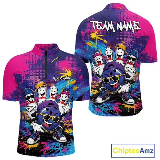 Custom Funny Colorful Hiphop Bowling Men Quarter Zip Team Shirt, Graffity Bowling Jerseys IPHW11801