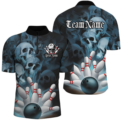 Black And Blue Custom Skull Bowling Shirts For Men, Gothic Bowling Team Shirt Halloween Outfits IPHW7671