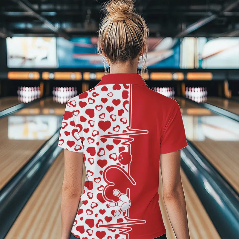 Red Bowling Heartbeat Pulse Line Custom Valentines Day Bowling Polo Shirts For Women IPHW8331