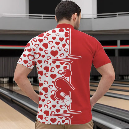 Red Bowling Heartbeat Pulse Line Custom Valentines Day Bowling Quarter-Zip Shirts For Men IPHW8331
