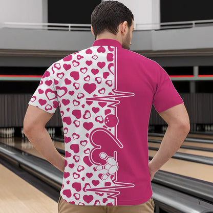 Pink Bowling Heartbeat Pulse Line Custom Valentines Day Bowling Quarter-Zip Shirts For Men IPHW8332