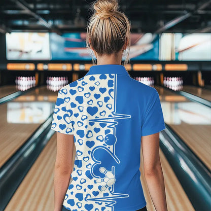 Blue Bowling Heartbeat Pulse Line Custom Valentines Day Bowling Quarter-Zip Shirt For Women IPHW8333