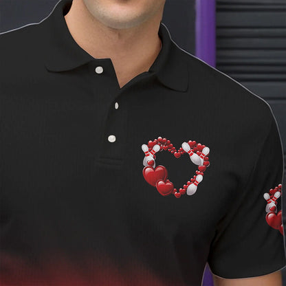 Black And Red Custom Valentines Day Bowling Polo Shirts For Men, Bowling Couple Shirt IPHW8334