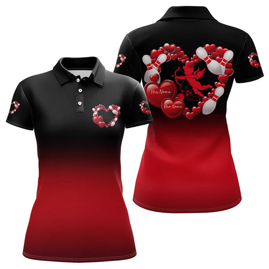 Black And Red Custom Valentines Day Bowling Polo Shirts For Women, Bowling Couple Shirt IPHW8334