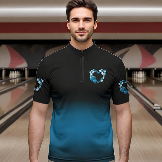 Black And Blue Custom Valentines Day Bowling Quarter-Zip Shirts For Men, Bowling Couple Shirt IPHW8335