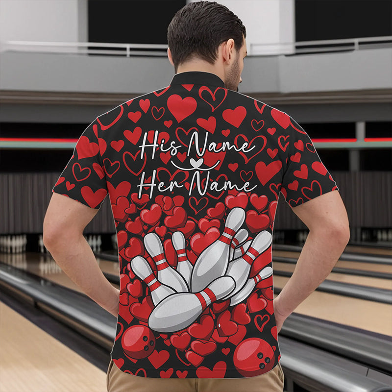 Black And Red Heart Theme Custom Valentines Bowling Quarter-Zip Shirt For Men, Couple Bowling Shirt IPHW8336